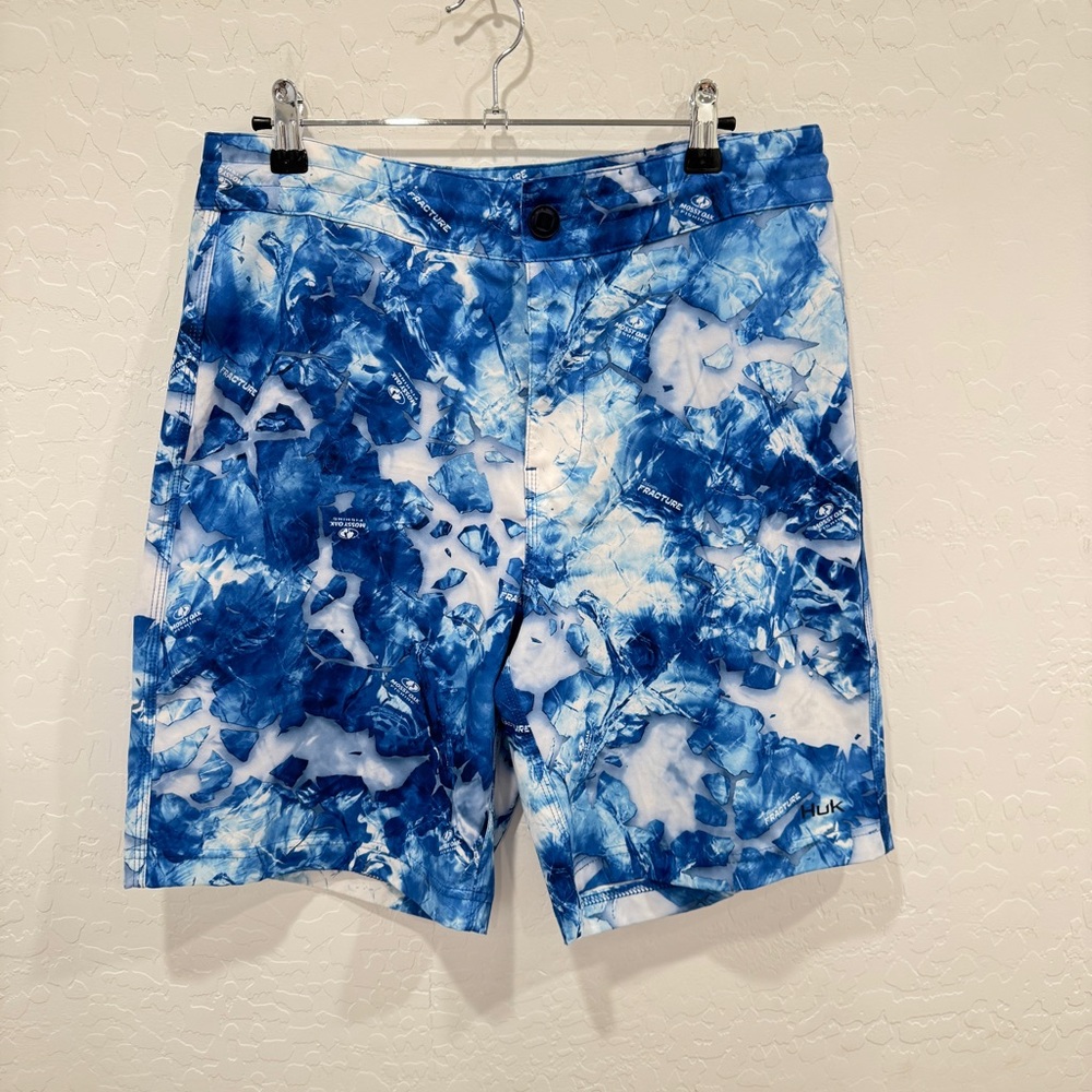 Huk Mossy Oak Swim Trunks Mens 32 Blue White White Camo Performance Fishing